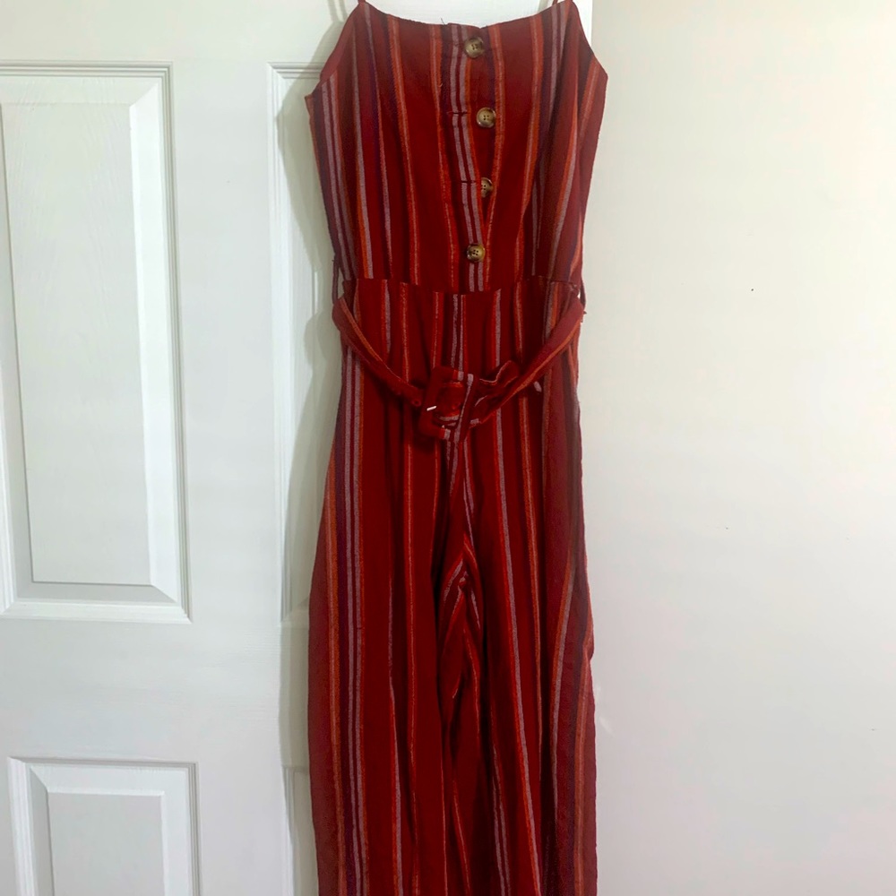 Spaghetti strap pants suit. Striped with belt. Size M.